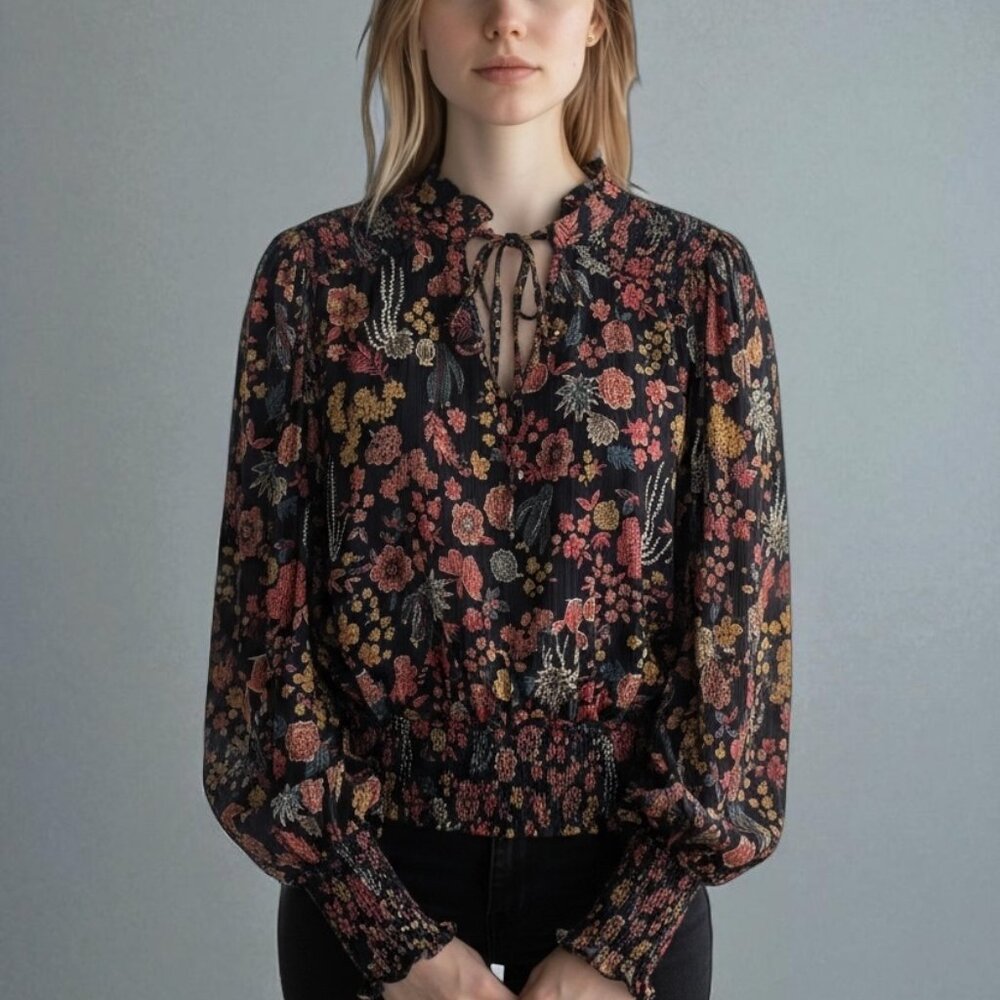 Angie Black Floral Tie-Neck Blouse with Pink and Gold Blooms